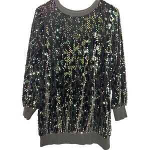 ❤️Colorful Planet Black Iridescent Full Sequin Sweatshirt Elastic Waist Cuff XL
